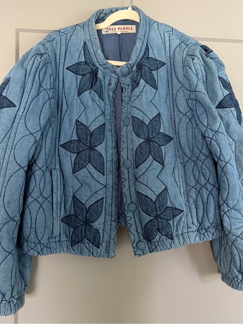 Free People Blue Quilted Floral Embroidered Bomber Jacket
